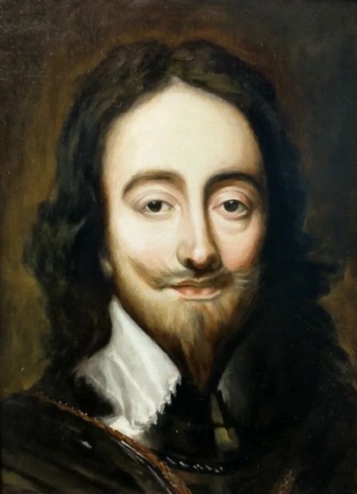 fig 5. A framed oil painting featuring a bust portrait of King Charles I with dark hair, a pointed beard, and a lace collar against a dark background.