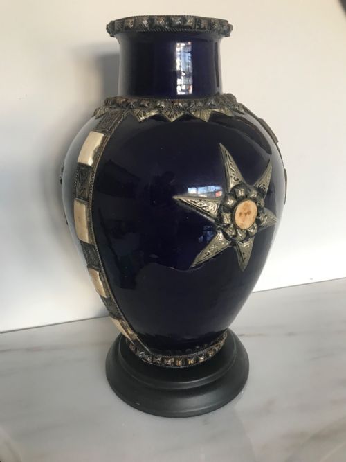 Moroccan Terracotta Cobalt Blue Glazed Vase Silver Cabochons Mounts