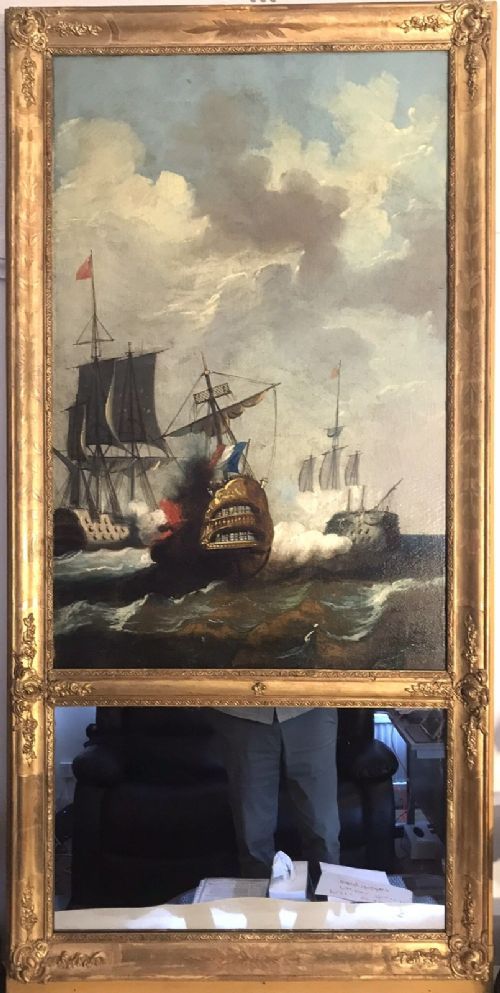 Trumeau French Mirror with Seascape Oil Painting of Galleons at Sea