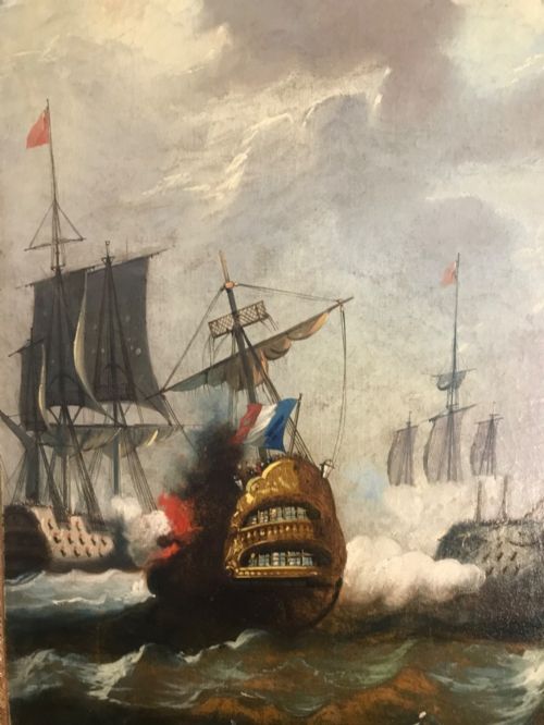 fig 4. A tall rectangular French trumeau mirror with a gilded frame containing an upper oil painting of a naval seascape and a lower mirror glass section.