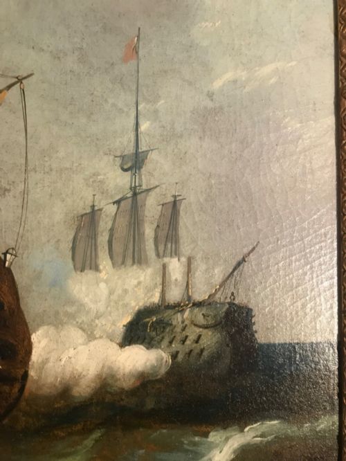fig 6. A tall rectangular French trumeau mirror with a gilded frame containing an upper oil painting of a naval seascape and a lower mirror glass section.