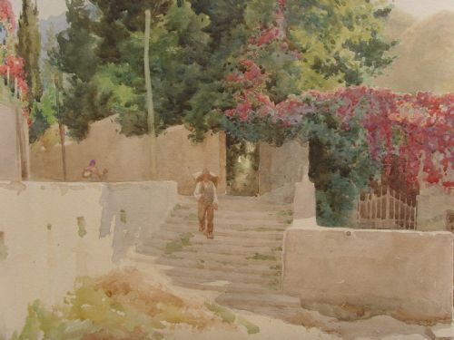 fig 5. A framed Edwardian watercolour painting depicting a sunny Lake Como shore with lush green trees, stone steps, and distant mountains enclosed in an ornate gold gilt frame.