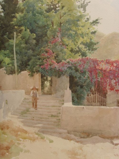 fig 8. A framed Edwardian watercolour painting depicting a sunny Lake Como shore with lush green trees, stone steps, and distant mountains enclosed in an ornate gold gilt frame.
