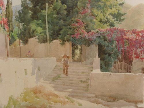 fig 3. A framed Edwardian watercolour painting depicting a sunny Lake Como shore with lush green trees, stone steps, and distant mountains enclosed in an ornate gold gilt frame.