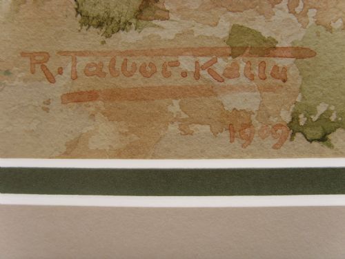 fig 7. A framed Edwardian watercolour painting depicting a sunny Lake Como shore with lush green trees, stone steps, and distant mountains enclosed in an ornate gold gilt frame.
