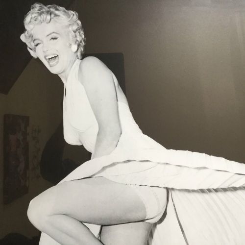 fig 2. A large black-and-white framed photographic print depicting Marilyn Monroe in a full-length portrait pose.