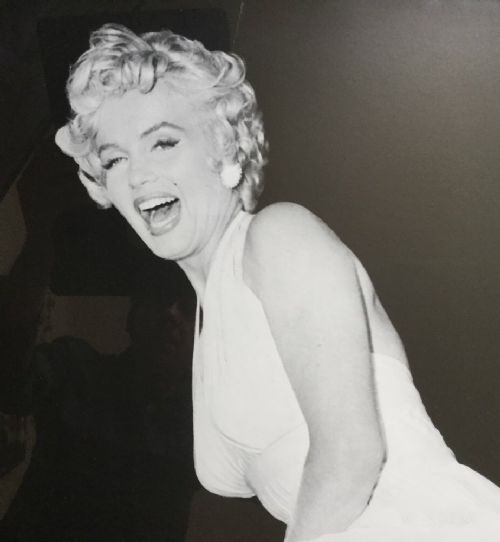 fig 6. A large black-and-white framed photographic print depicting Marilyn Monroe in a full-length portrait pose.
