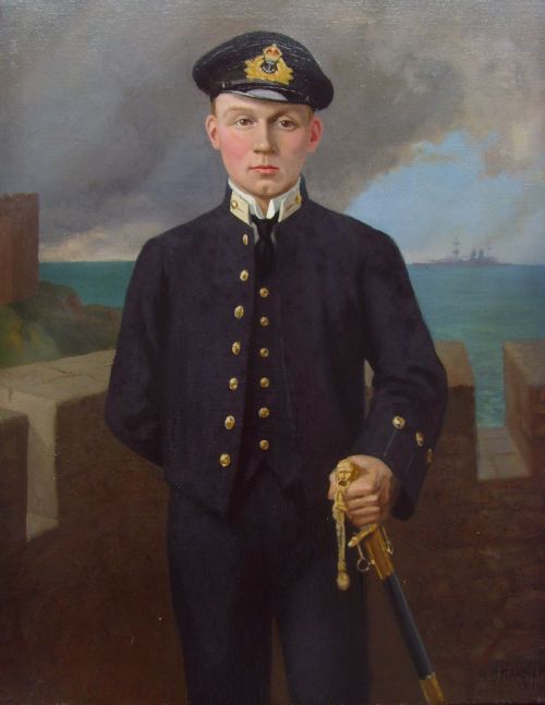 fig 1. An antique oil painting depicting a young Royal Navy midshipman in uniform holding a sword, set within an ornate gilded frame.