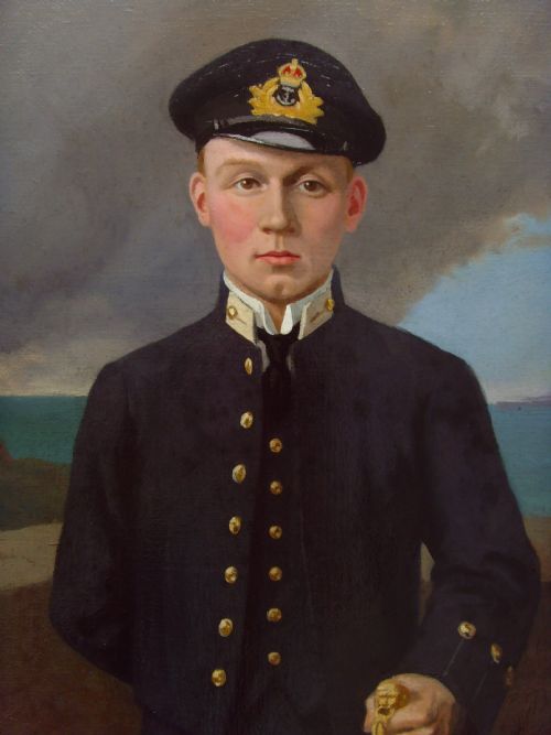 fig 2. An antique oil painting depicting a young Royal Navy midshipman in uniform holding a sword, set within an ornate gilded frame.