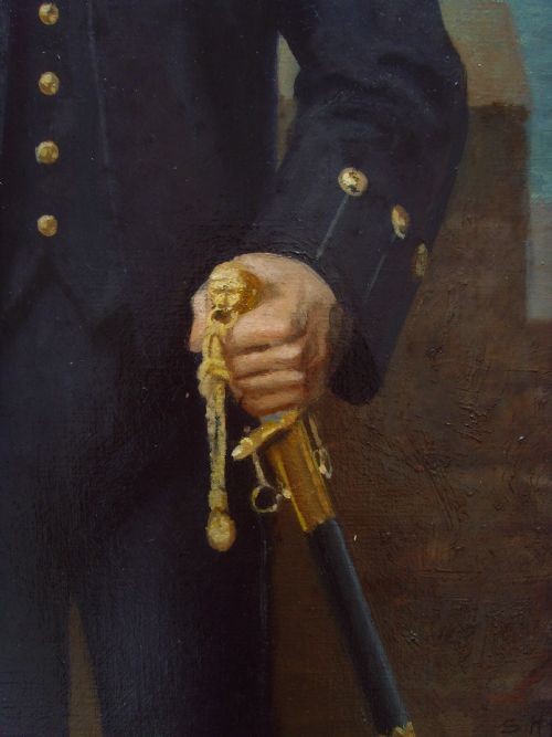 fig 3. An antique oil painting depicting a young Royal Navy midshipman in uniform holding a sword, set within an ornate gilded frame.