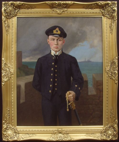 fig 6. An antique oil painting depicting a young Royal Navy midshipman in uniform holding a sword, set within an ornate gilded frame.