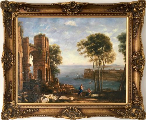 Capriccio After Francesco Guardi Mediterranean Landscape Oil Portrait Painting Rome Italy