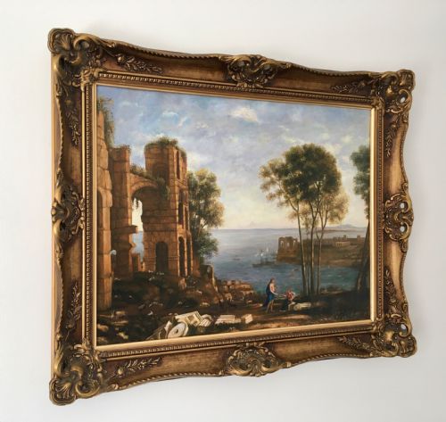 fig 1. An oil painting on canvas depicting classical Italian architectural ruins along a Mediterranean coastline within an ornate gold gilt frame.