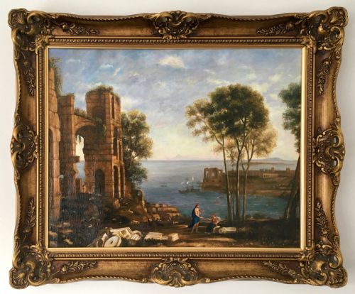 fig 2. An oil painting on canvas depicting classical Italian architectural ruins along a Mediterranean coastline within an ornate gold gilt frame.