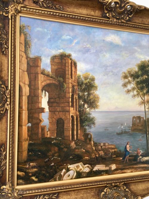 fig 3. An oil painting on canvas depicting classical Italian architectural ruins along a Mediterranean coastline within an ornate gold gilt frame.