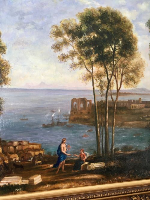 fig 4. An oil painting on canvas depicting classical Italian architectural ruins along a Mediterranean coastline within an ornate gold gilt frame.
