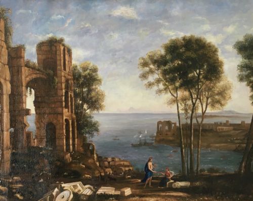 fig 5. An oil painting on canvas depicting classical Italian architectural ruins along a Mediterranean coastline within an ornate gold gilt frame.
