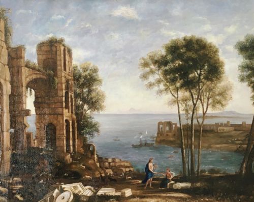 fig 7. An oil painting on canvas depicting classical Italian architectural ruins along a Mediterranean coastline within an ornate gold gilt frame.