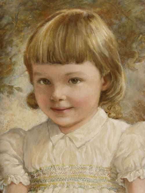 fig 1. A late nineteenth-century oil portrait depicting a young child in a smocked white dress set within a gilded frame.