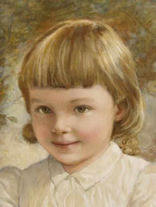 fig 2. A late nineteenth-century oil portrait depicting a young child in a smocked white dress set within a gilded frame.
