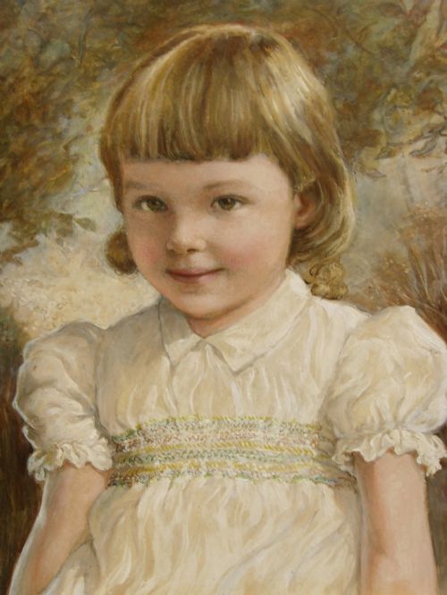 fig 5. A late nineteenth-century oil portrait depicting a young child in a smocked white dress set within a gilded frame.