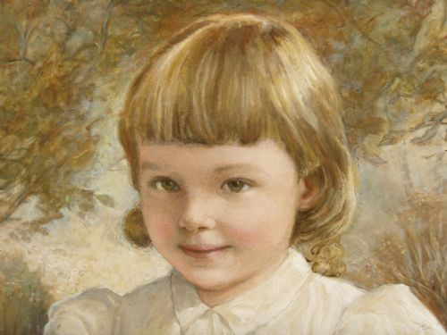 fig 8. A late nineteenth-century oil portrait depicting a young child in a smocked white dress set within a gilded frame.