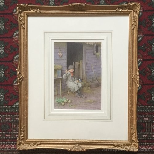 A framed Victorian lithograph by Charles Edward Wilson depicting a seated figure outside a timber building, mounted in an ornate gold gilt frame.