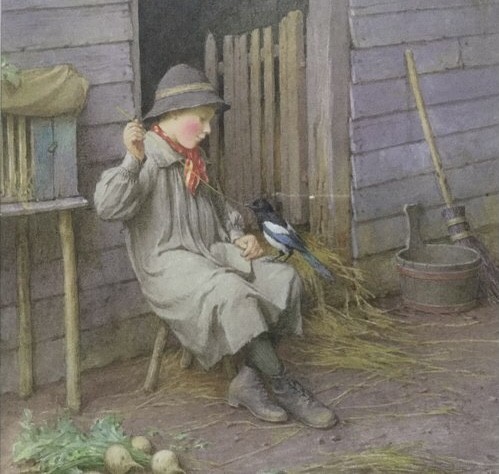 A framed Victorian lithograph by Charles Edward Wilson depicting a seated figure outside a timber building, mounted in an ornate gold gilt frame. View II