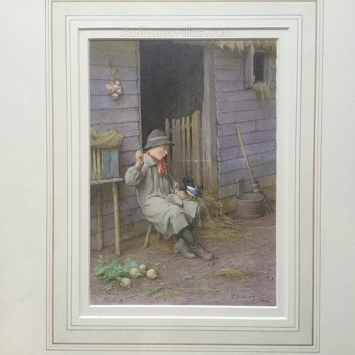 A framed Victorian lithograph by Charles Edward Wilson depicting a seated figure outside a timber building, mounted in an ornate gold gilt frame. View III