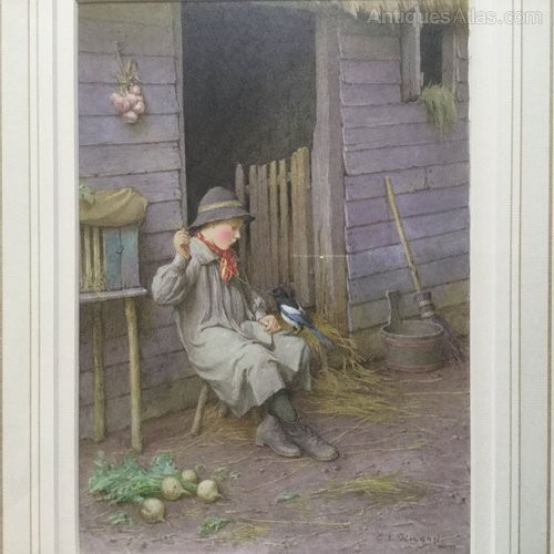 A framed Victorian lithograph by Charles Edward Wilson depicting a seated figure outside a timber building, mounted in an ornate gold gilt frame. View IV