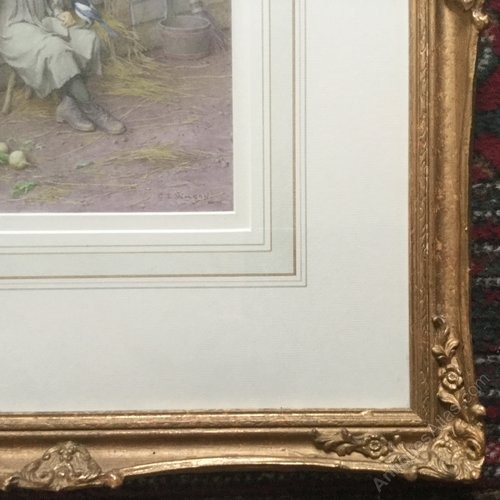 A framed Victorian lithograph by Charles Edward Wilson depicting a seated figure outside a timber building, mounted in an ornate gold gilt frame. View V