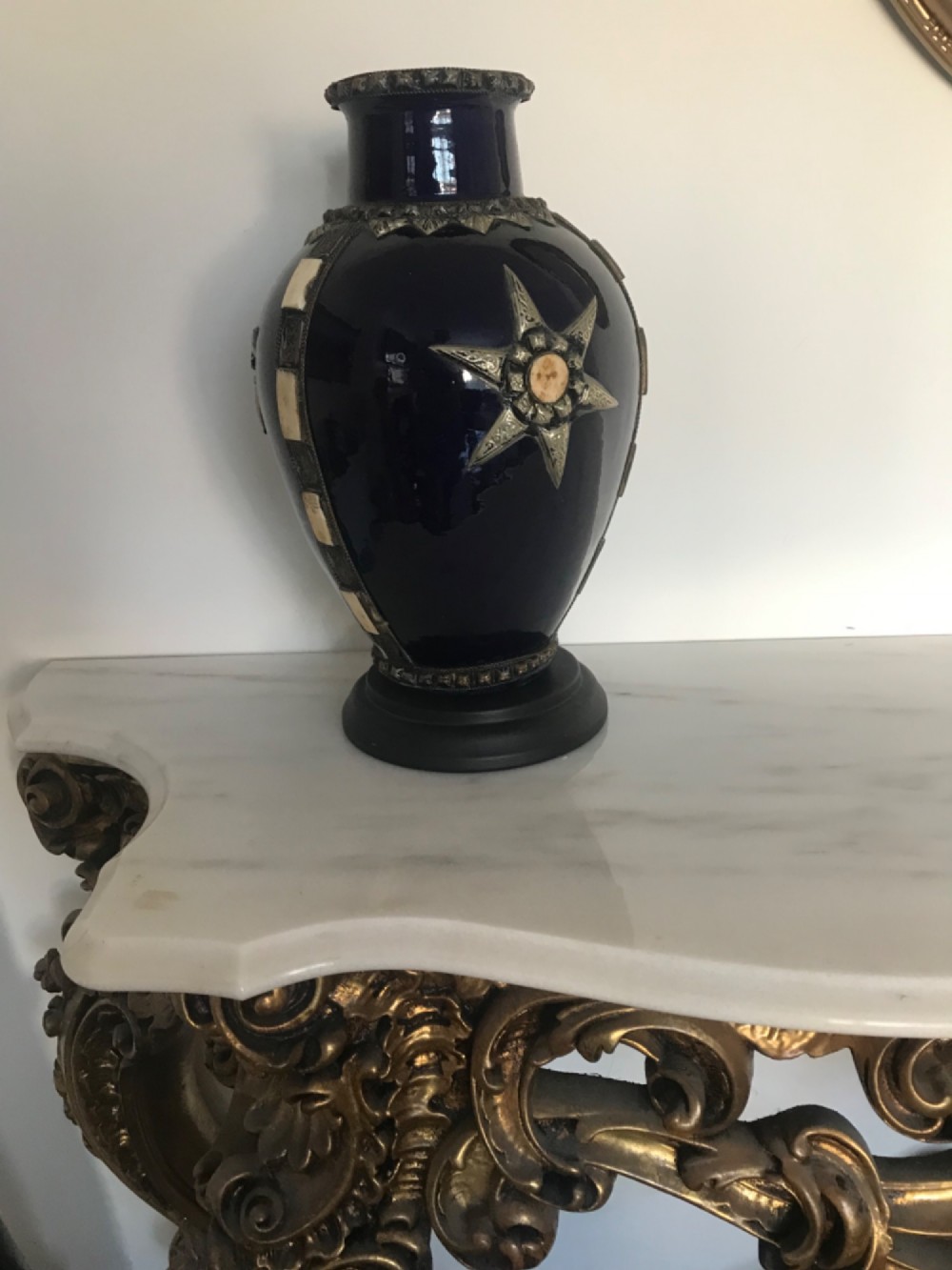 A cobalt blue glazed terracotta vase featuring silver-tone metal mounts, bone inlay strips, a star motif, and a black base. View III