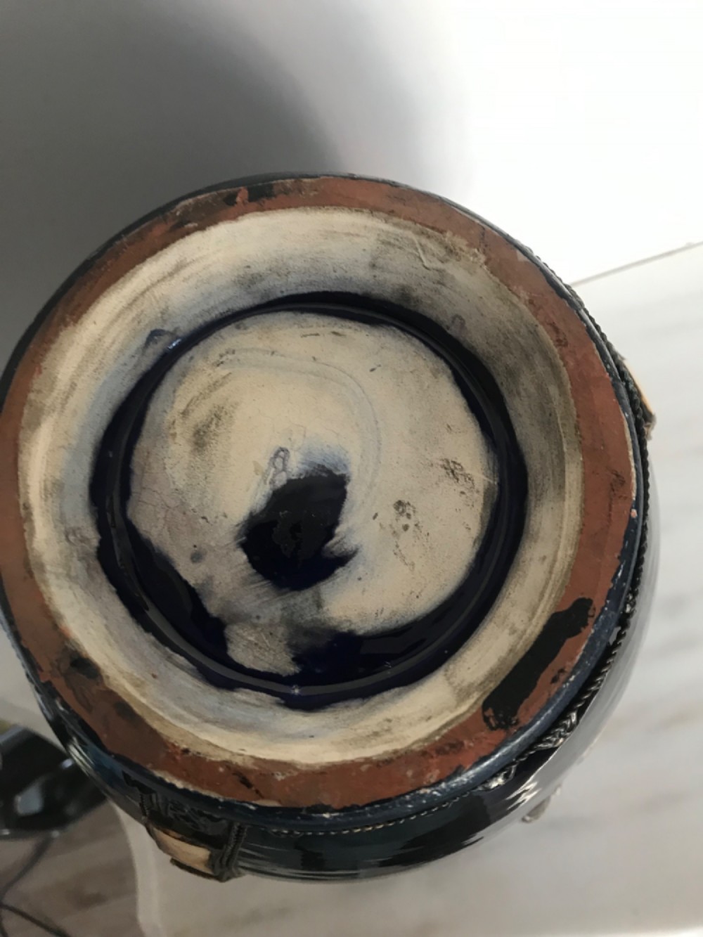 A cobalt blue glazed terracotta vase featuring silver-tone metal mounts, bone inlay strips, a star motif, and a black base. View VIII