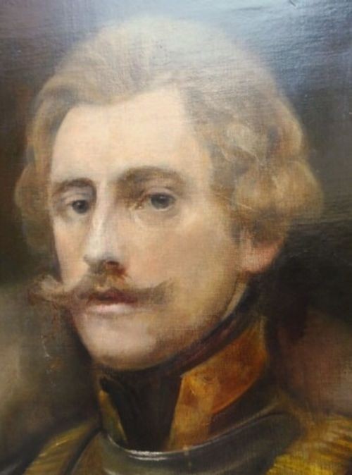 An oil painting depicting a French military officer wearing a metallic cuirass with gold accents and a red sash, enclosed in a gilded wooden frame. View IV