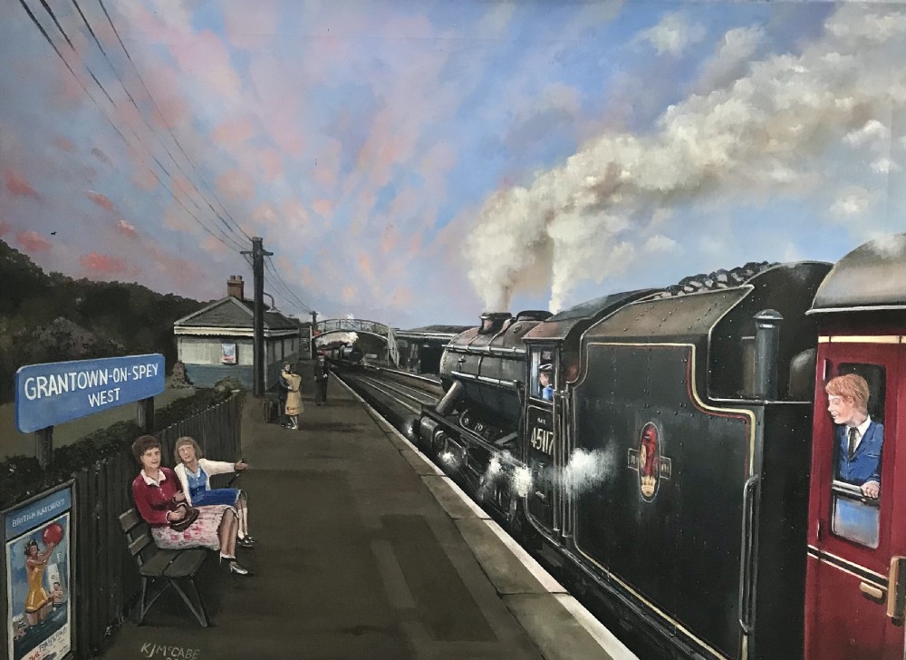 An oil painting depicting a black steam locomotive arriving at Grantown-On-Spey West railway station platform under a colourful twilight sky. View XII
