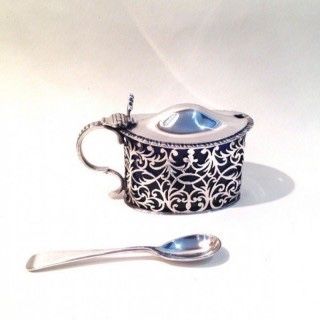Large Silver Mustard Pot and Spoon