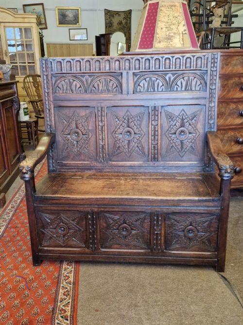 Antique Solid Oak Carved  Hall Bench