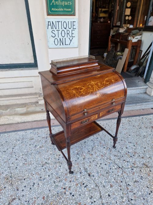 Antique Edwardian  Inlaid Cylinder Writing Desk