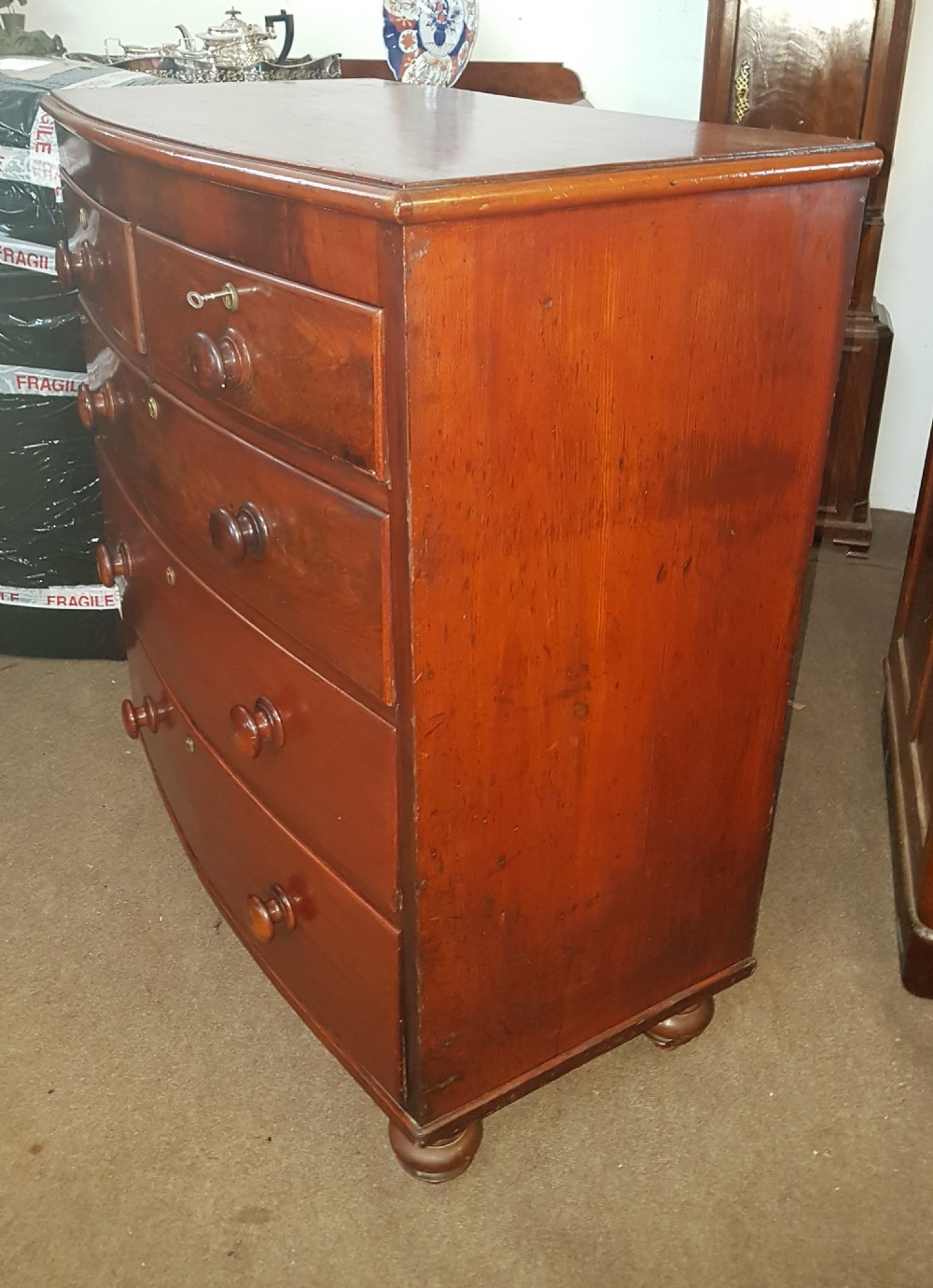 ANTIQUE BOW FRONTED CHEST OF DRAWERS  View V