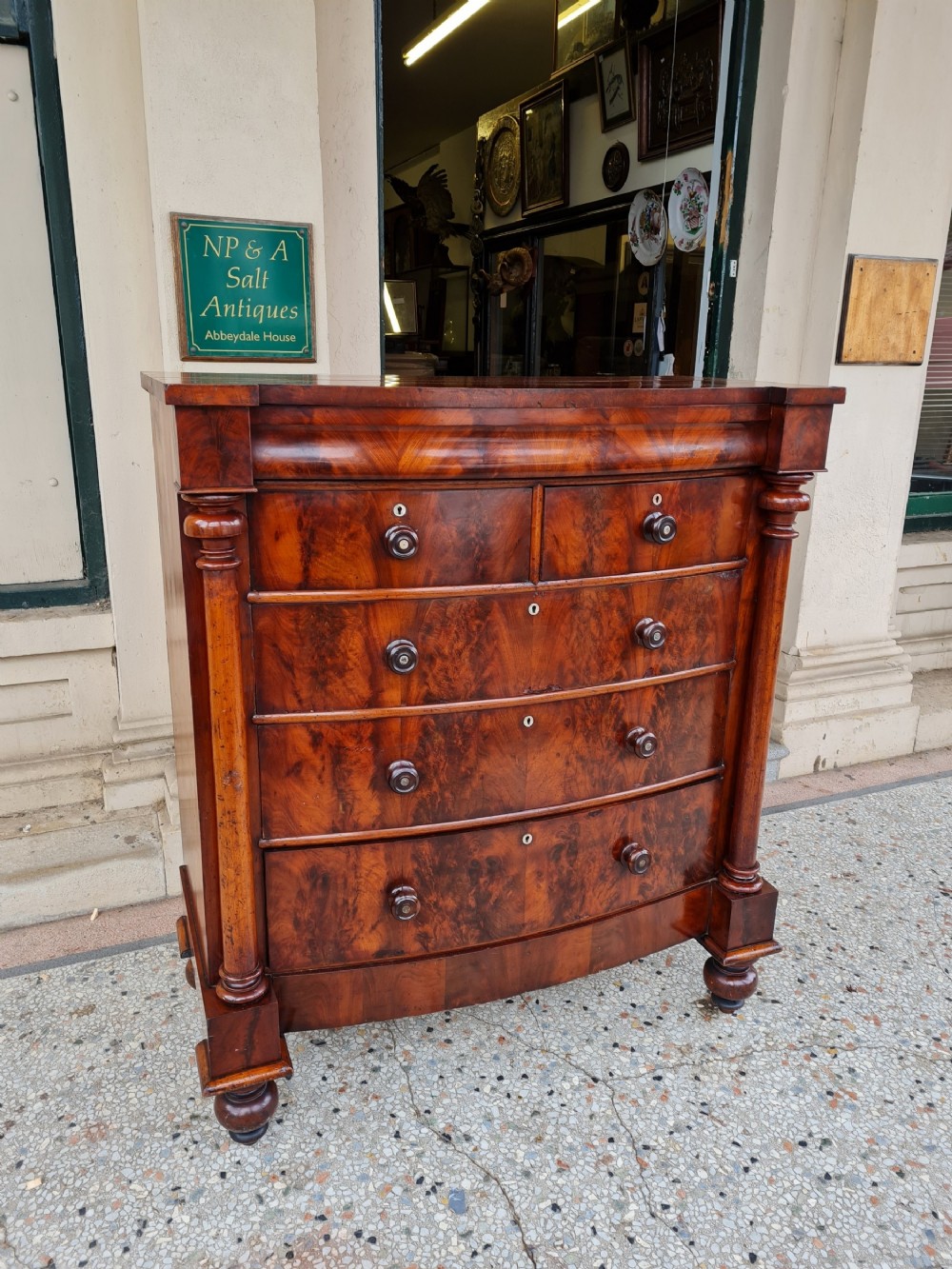  ANTIQUE BOW FRONTED  CHEST OF DRAWERS 