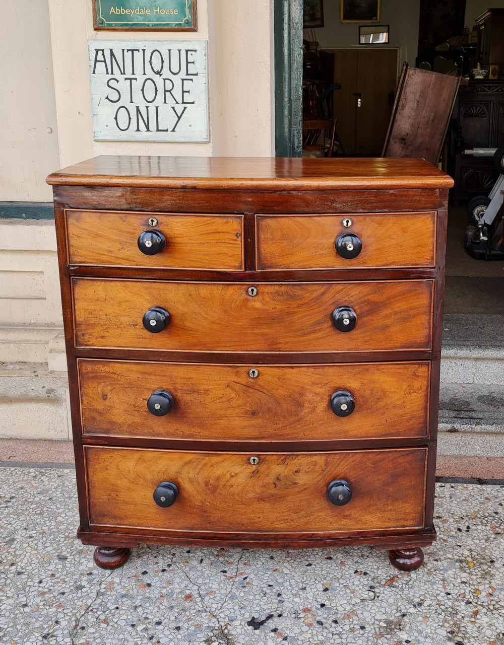 ANTIQUE BOW FRONTED CHEST OF DRAWERS 