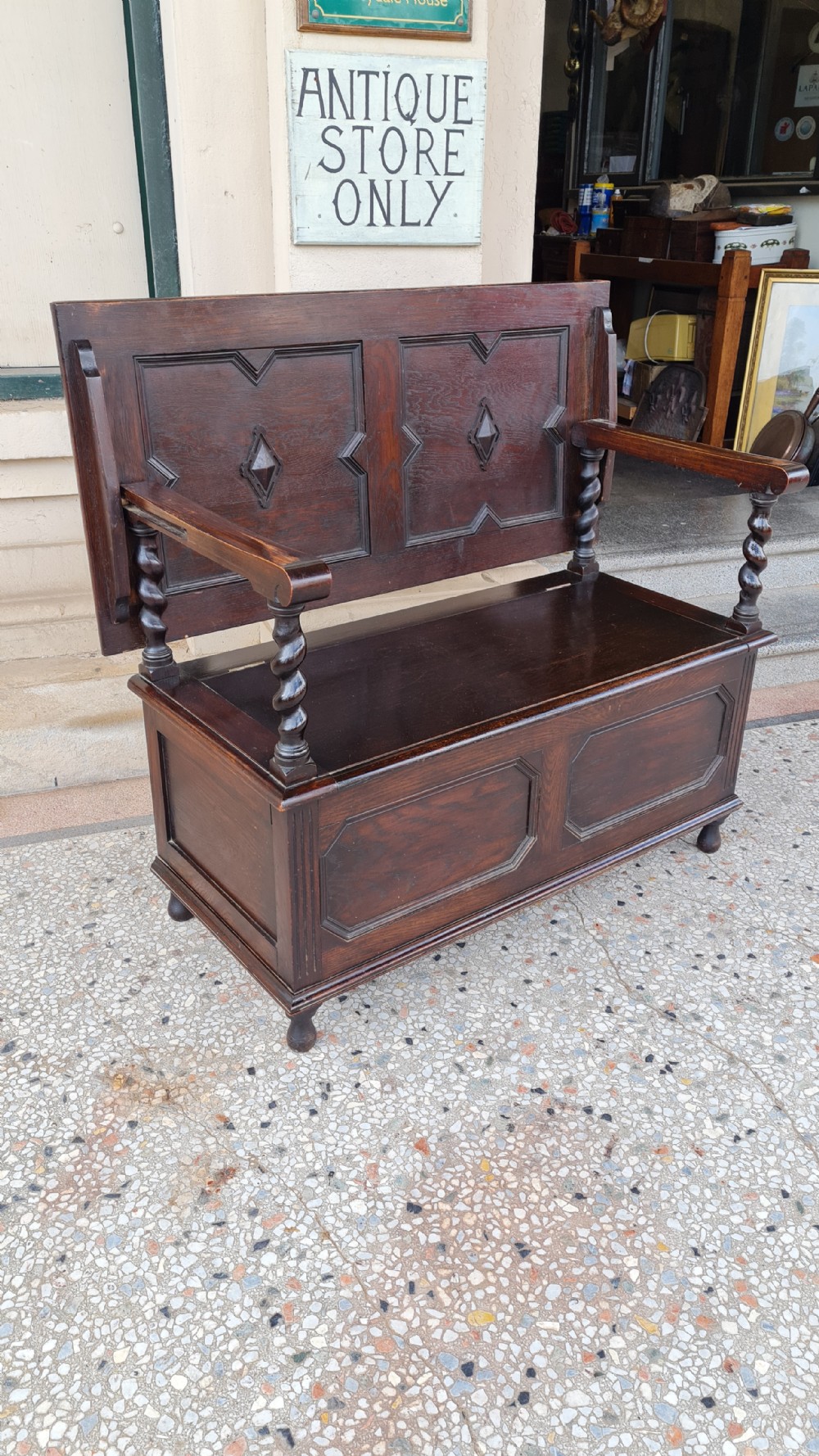 ANTIQUE OAK MONKS BENCH  View III