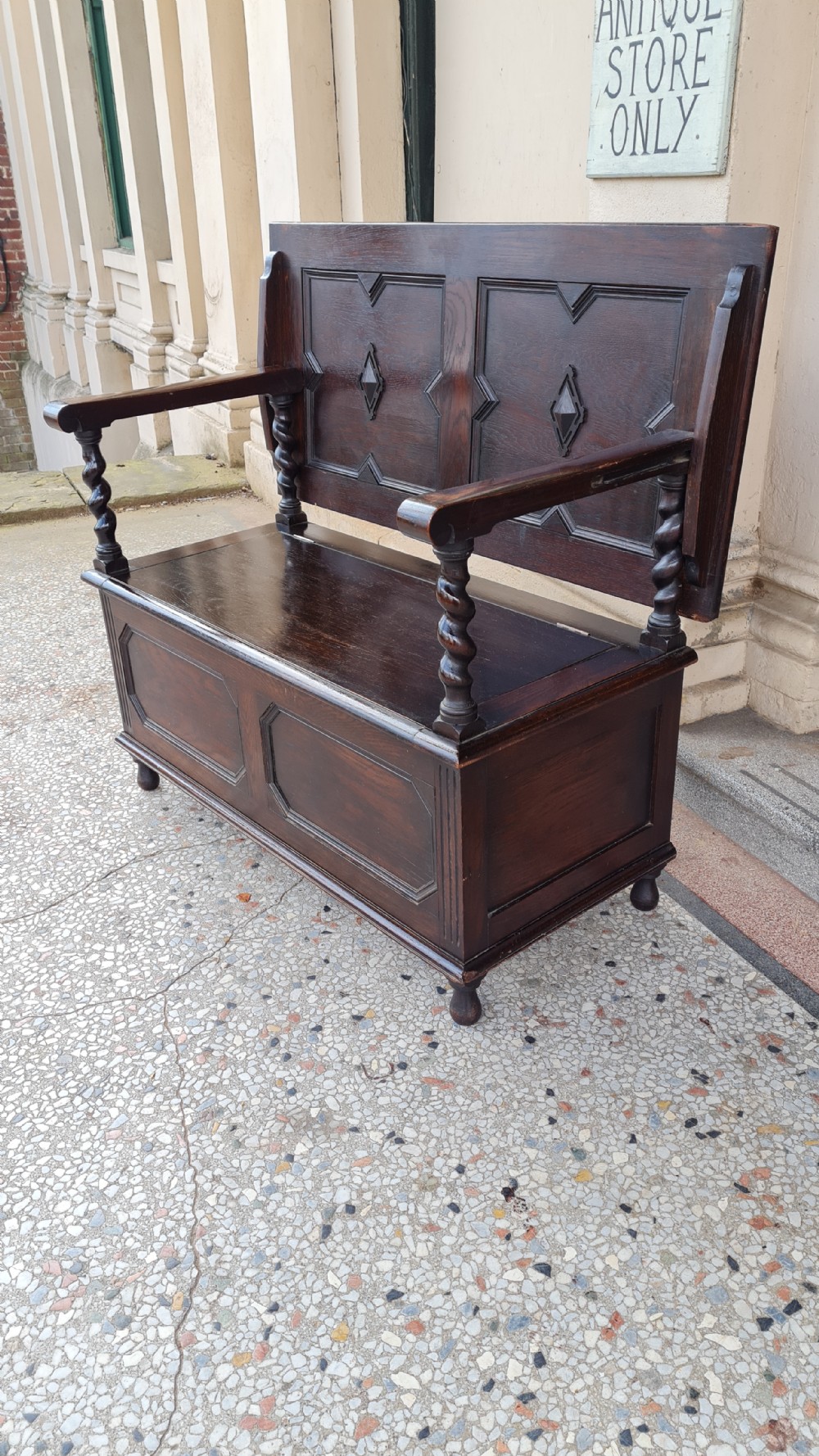 ANTIQUE OAK MONKS BENCH  View XI