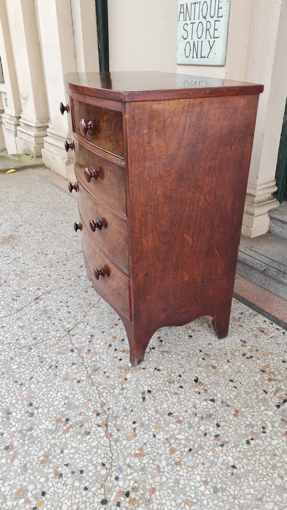 ANTIQUE BOW FRONT CHEST OF DRAWERS  View III