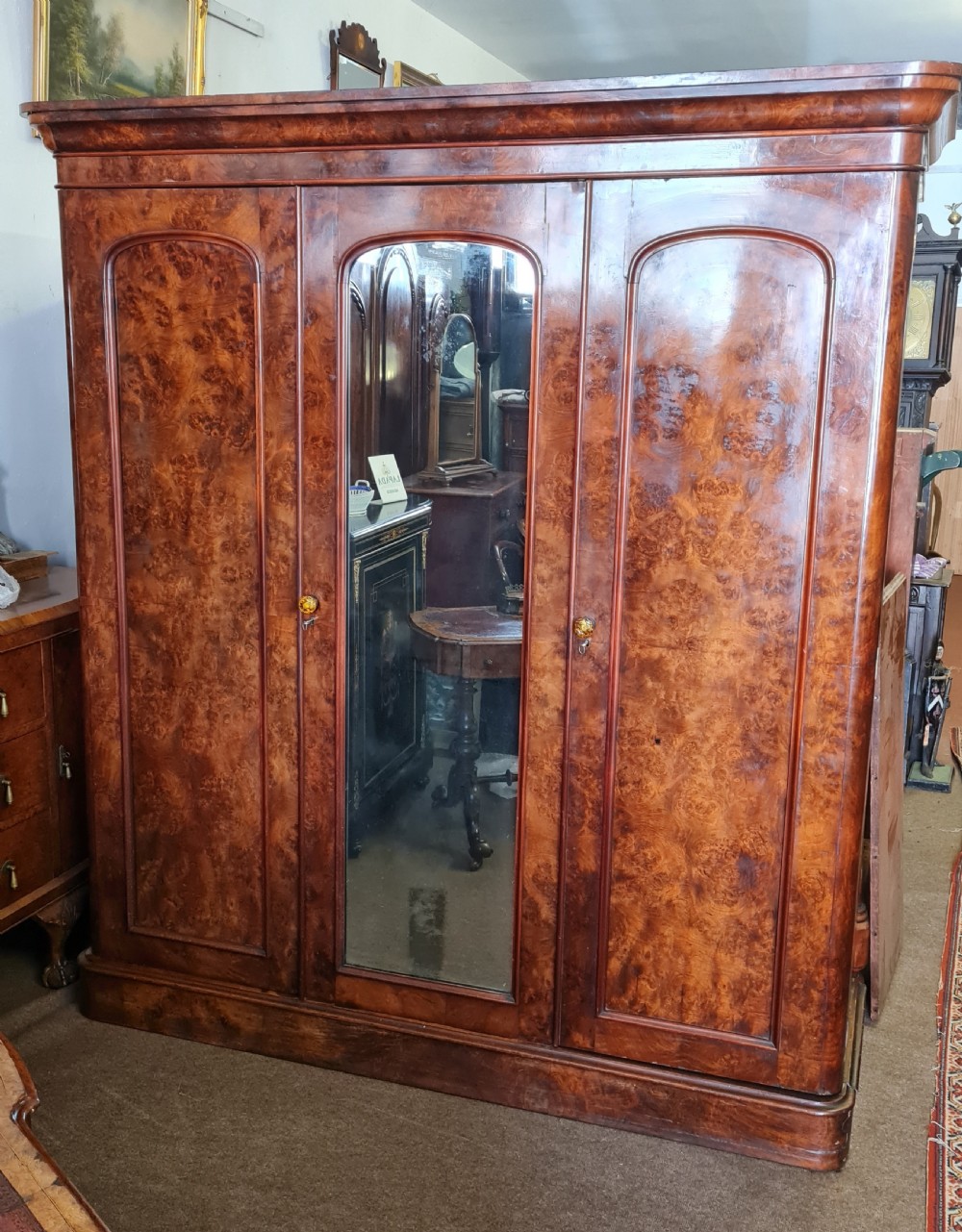  ANTIQUE BURR WALNUT TRIPLE WARDROBE