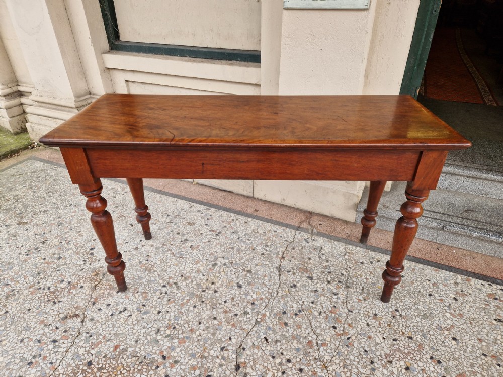 A Victorian mahogany hall side table featuring a plain rectangular top, a solid apron, and four turned baluster legs.