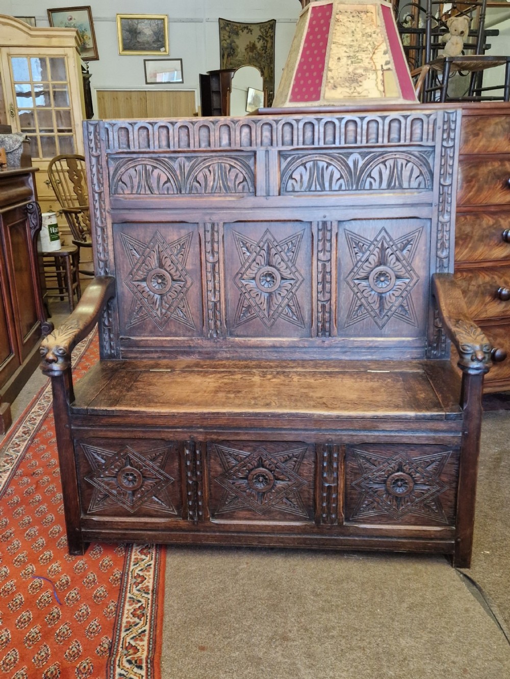 ANTIQUE SOLID OAK CARVED  HALL BENCH 