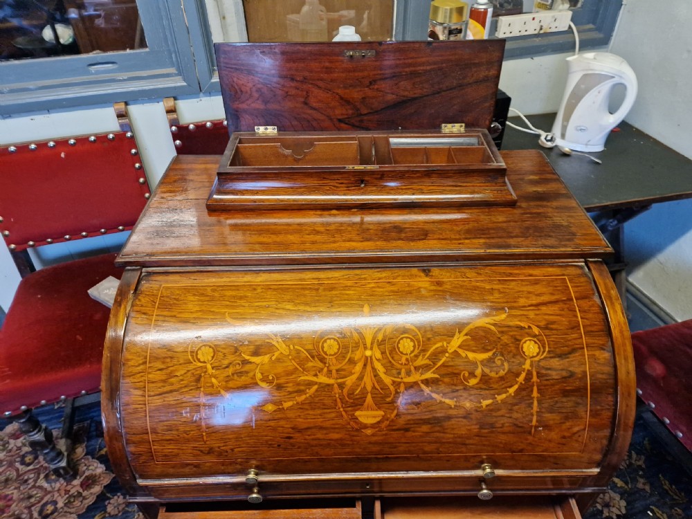 ANTIQUE EDWARDIAN  INLAID CYLINDER WRITING DESK View VIII
