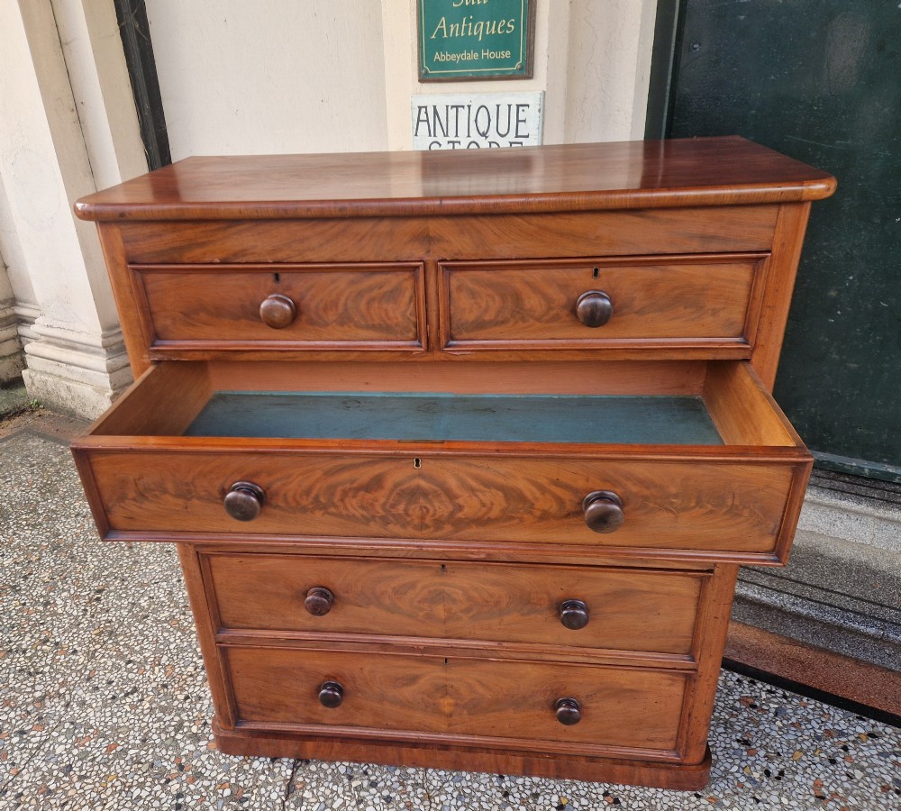 A tall Victorian mahogany chest of drawers featuring two short upper drawers above four long graduating drawers with turned wooden knobs and a plinth base. View VII