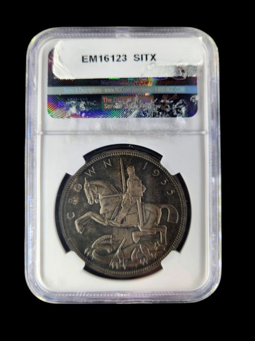 fig 1. George V 1935 proof Jubilee Crown, raised edge lettering PF64